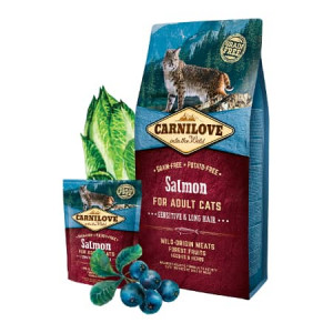 CARNILOVE CAT SENSITIVE & LONG HAIR SALMON bezgraudu sausā kaķu barība Lasis 6kg
